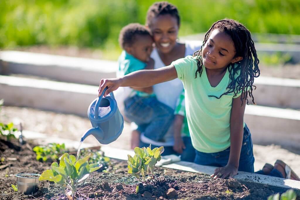 A mother is gardening with her twin toddler sons on a mother's day. Her elementary age daughter is watering the plants with a watering can.